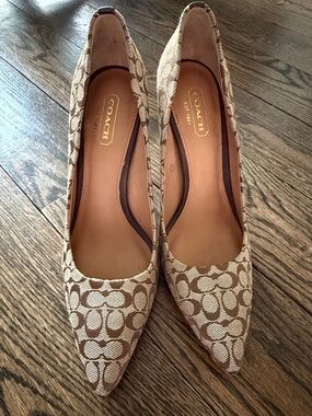 COACH Signature Canvas Pointed Pumps in Tan and Cream